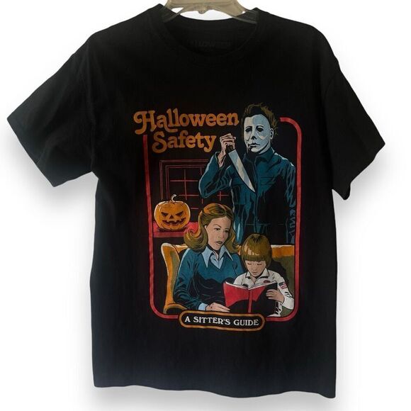 Halloween Crew Neck Safety A Sitter's Guide Print Pullover T Shirt Black Medium - Picture 1 of 7